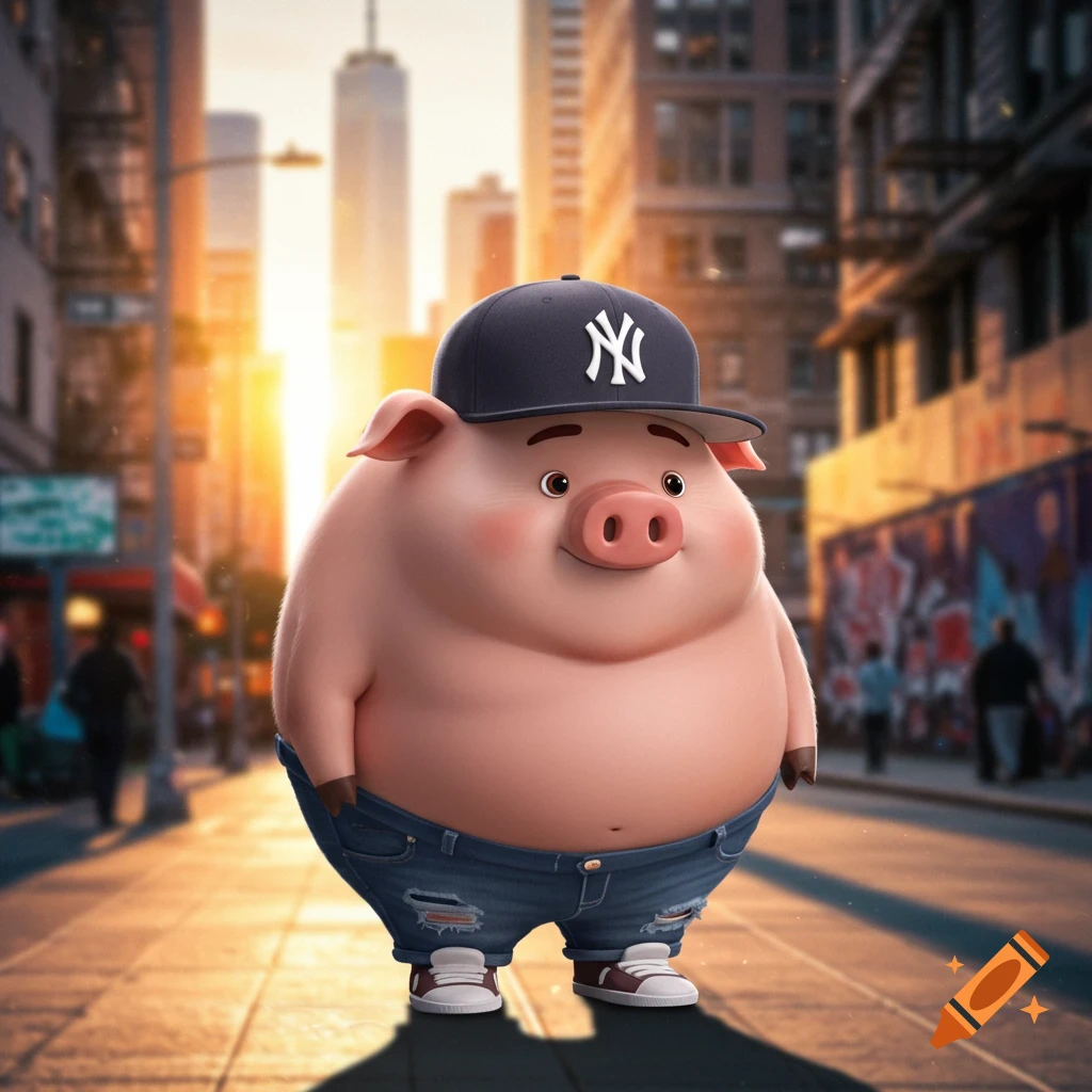 A cute, portly cartoon pig wearing a New York Yankees baseball cap, ripped jeans, and sneakers stands on a sunny city street.