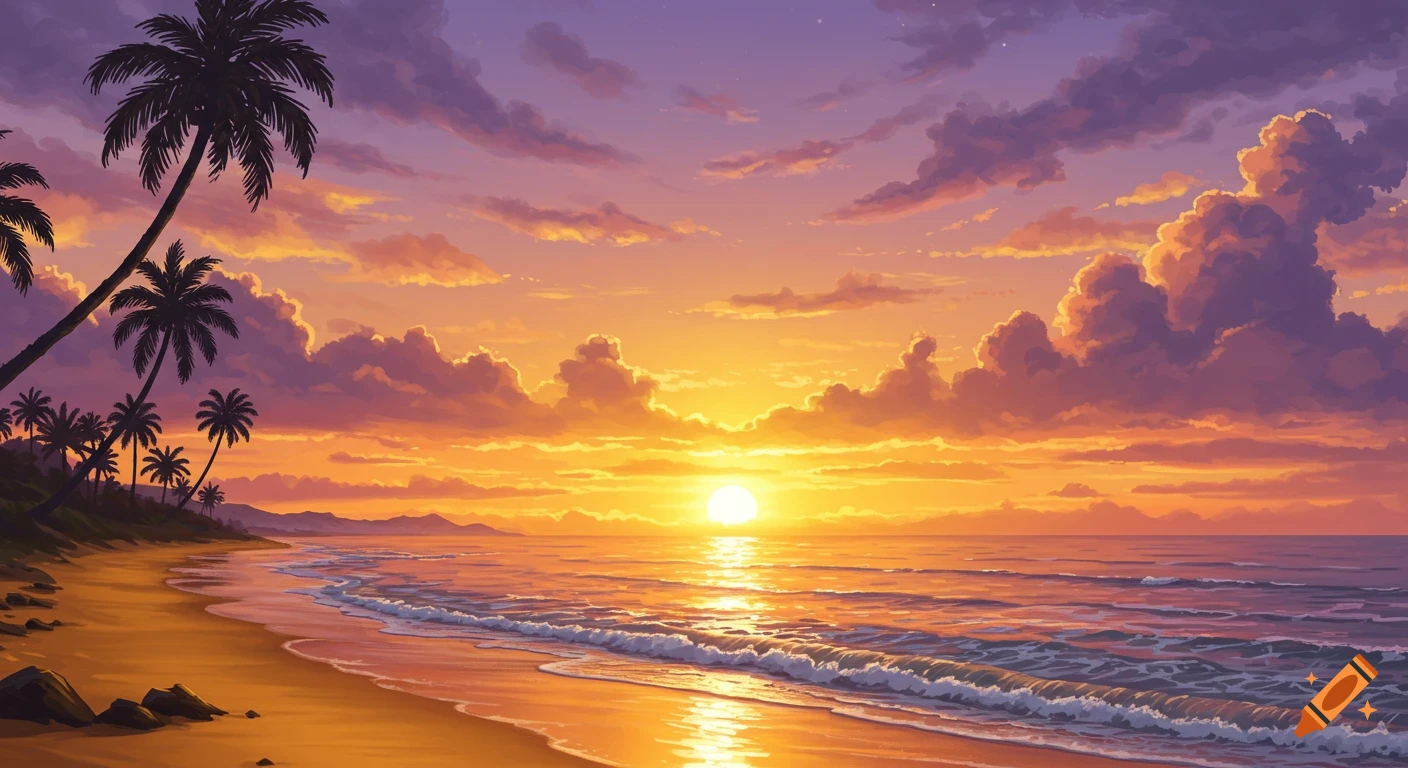 A vibrant digital painting of a tropical beach at sunset, with palm trees silhouetted against an orange and purple sky, and waves washing ashore.