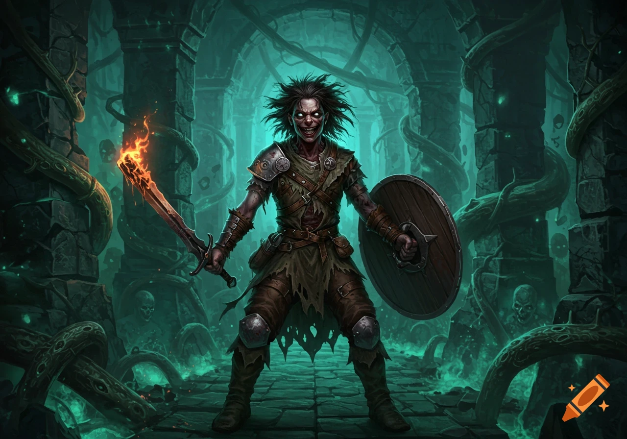 A deranged adventurer with white eyes holds a fiery sword and shield in an eerie dark fantasy dungeon.
