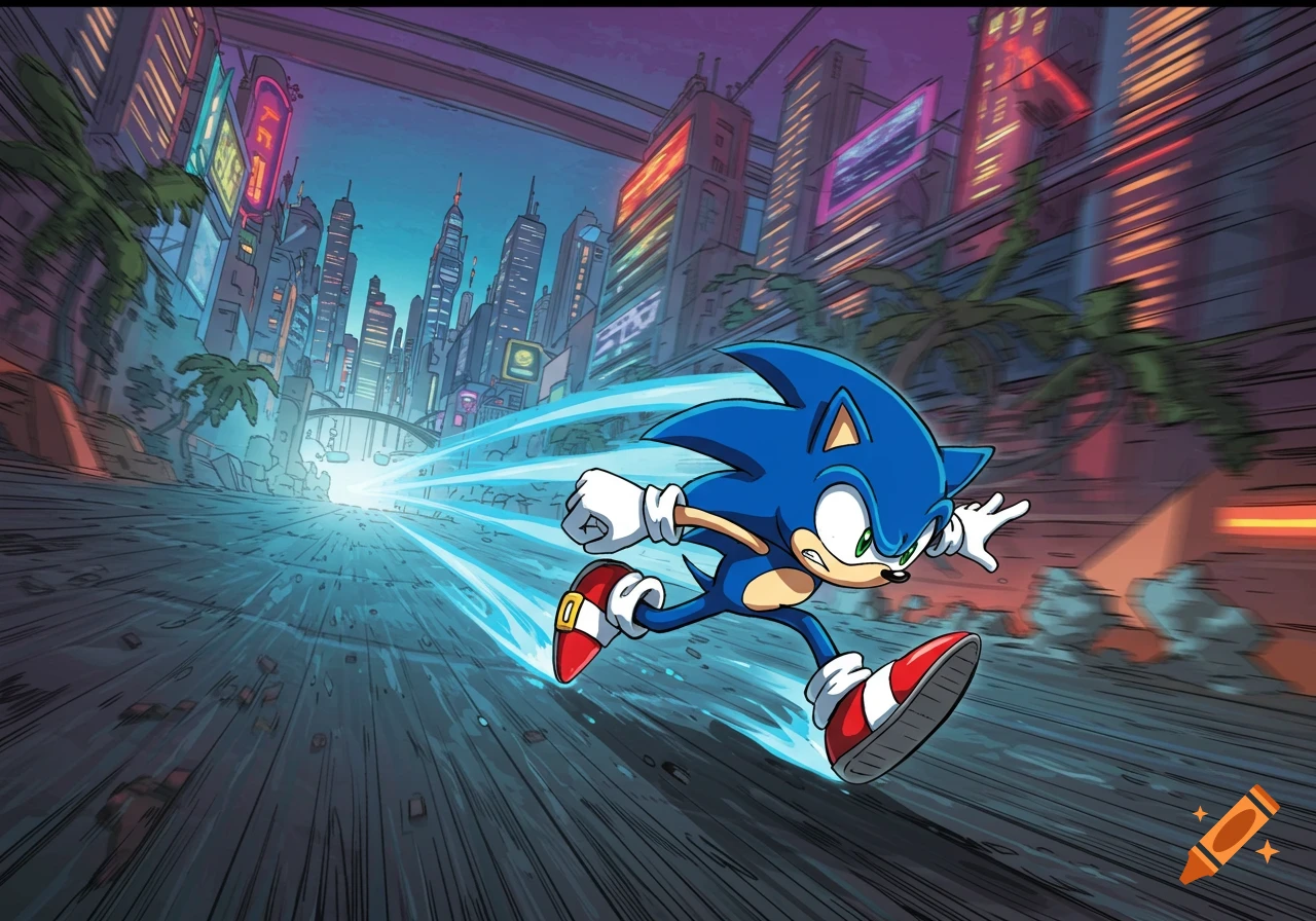 Sonic the Hedgehog running at high speed through a neon-lit futuristic city, in a comic book art style.