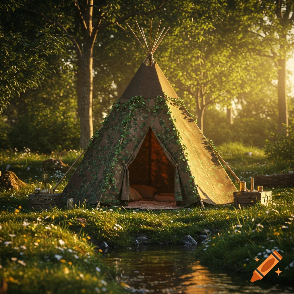 A cozy tipi tent adorned with vines sits by a small stream in a sunlit forest clearing, with soft cushions inside.