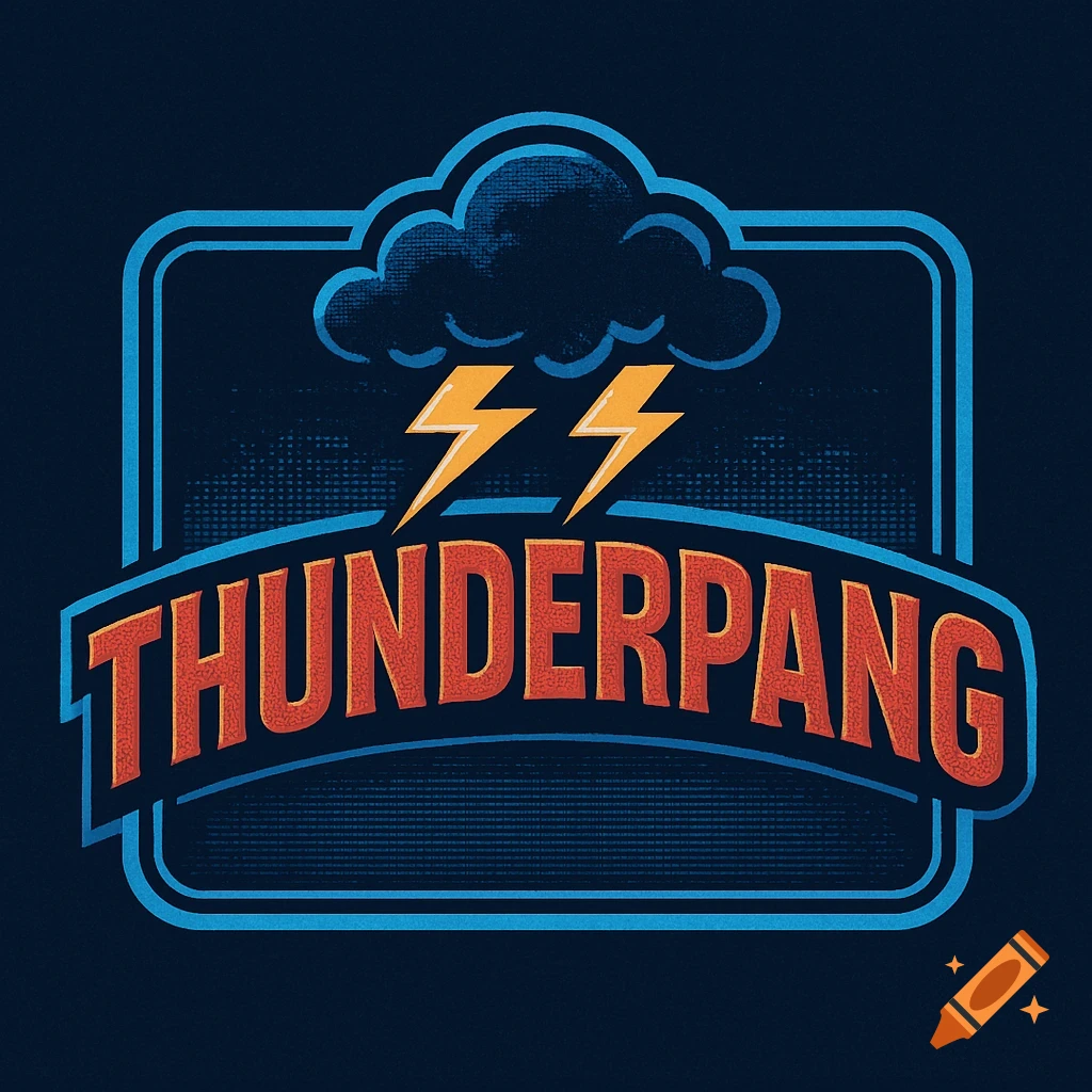 A retro-style logo for 'THUNDER PANG' featuring a dark blue cloud, two yellow lightning bolts, and orange and red text against a dark blue background.
