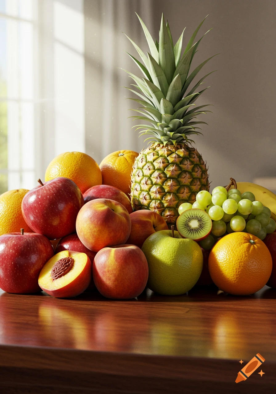 A vibrant, photorealistic still life of various fresh fruits including pineapple, apples, peaches, oranges, grapes, and kiwi, piled on a wooden table with natural light.