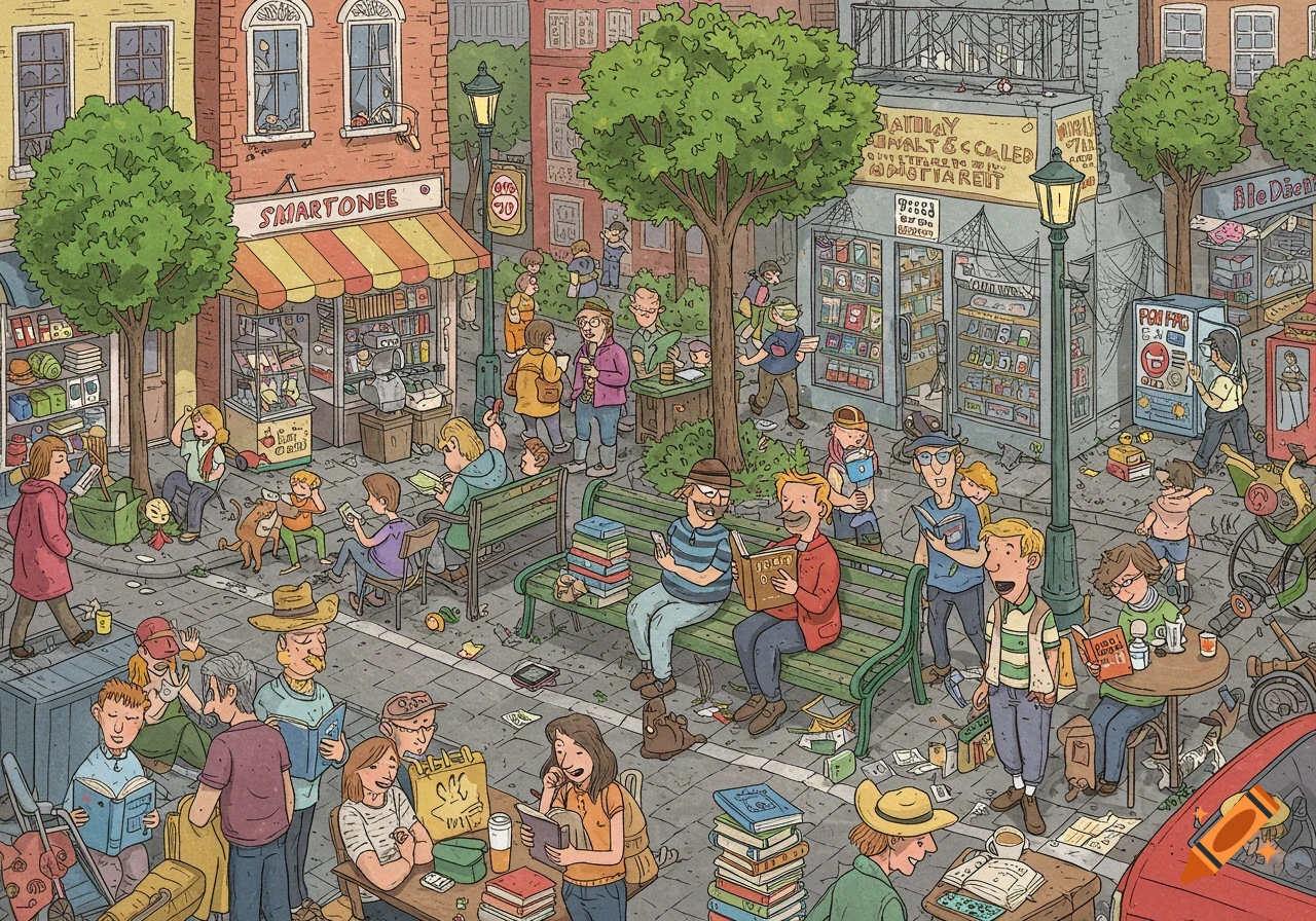 A detailed, whimsical illustration of a bustling city street where everyone is reading physical books, sitting on benches, and walking.
