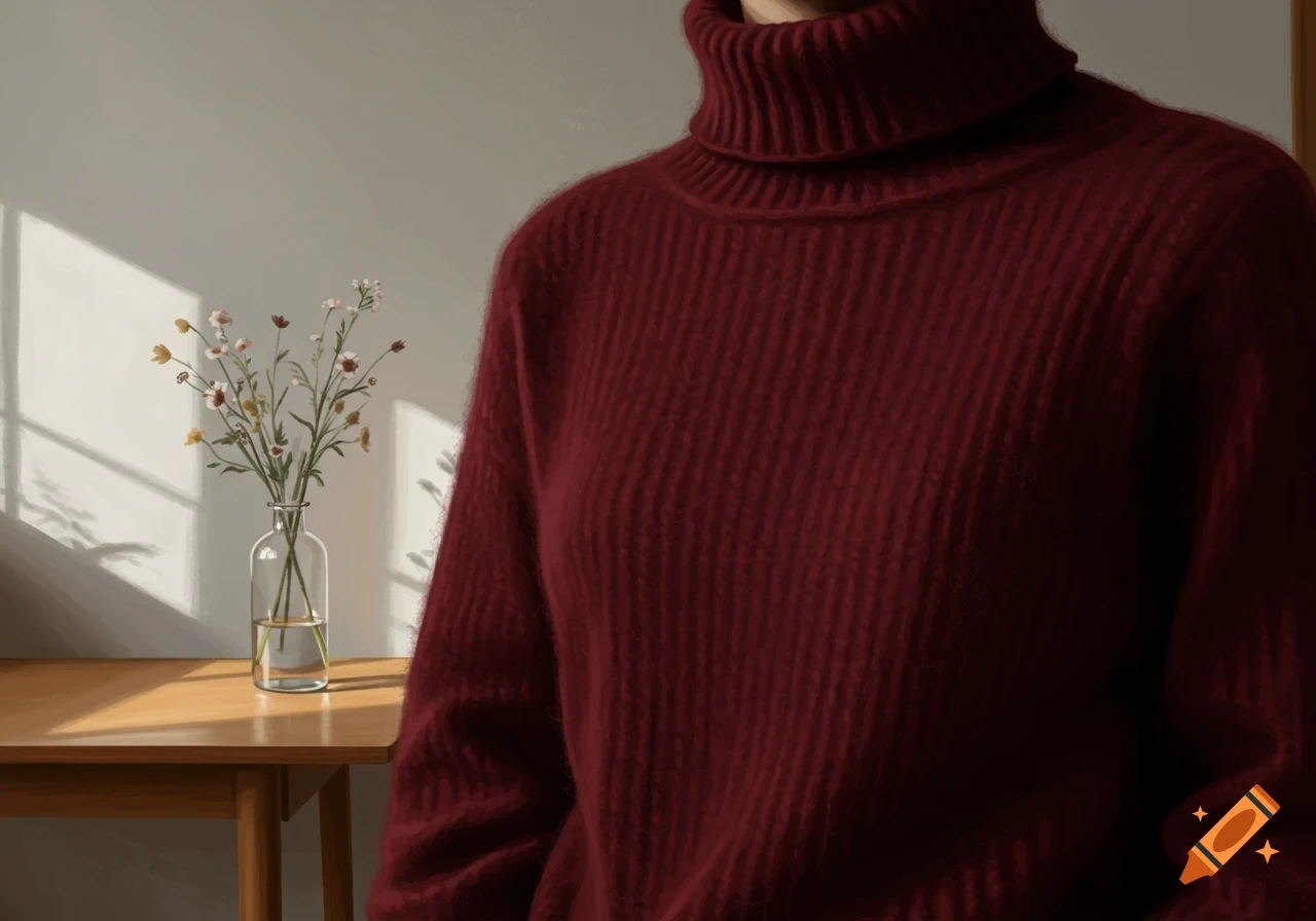 A person in a dark red turtleneck sweater next to a wooden table with a vase of wildflowers, sunlight on the wall.
