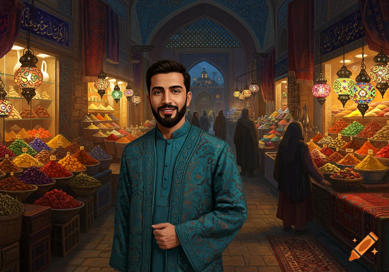 A smiling man with a beard in a teal outfit stands in a vibrant Middle Eastern spice market with colorful displays and lanterns.