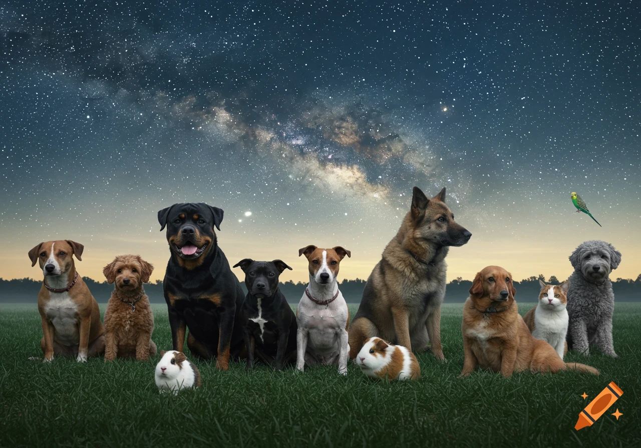 A photorealistic image of various dogs, guinea pigs, a cat, and a budgerigar sitting in grass under a starry night sky.