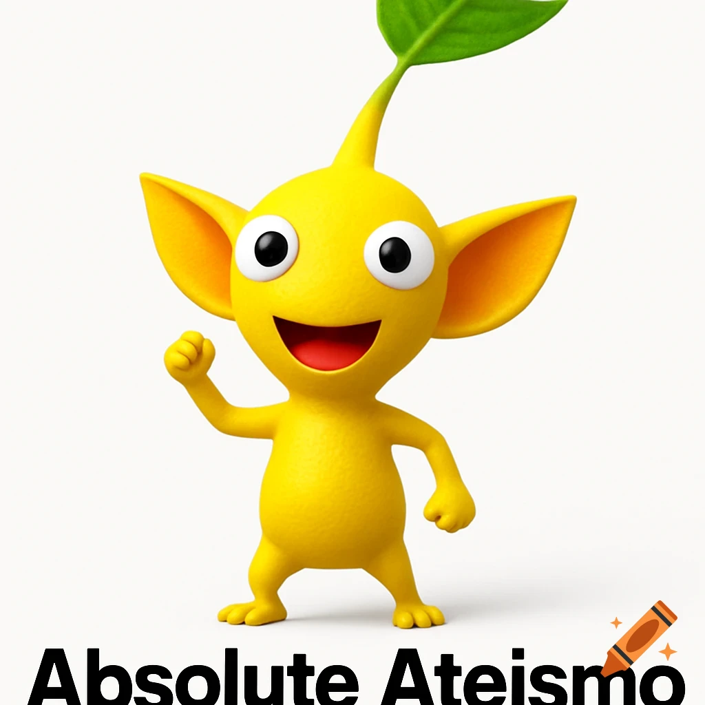 A cheerful yellow Pikmin character with large ears and a green leaf on its head, standing enthusiastically. Below it reads "Absolute Ateismo".