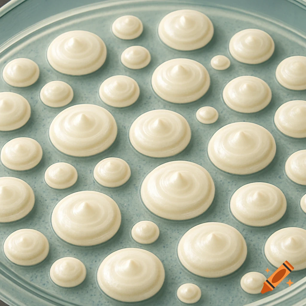 Close-up of numerous cream-colored, dome-shaped colonies with swirl patterns, arranged on a light blue-green textured surface.