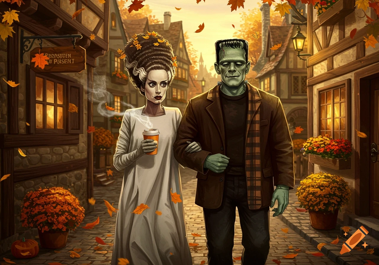 The Bride of Frankenstein and Frankenstein's monster walk arm in arm down an autumn village street, surrounded by falling leaves and potted flowers. The Bride holds a coffee cup.