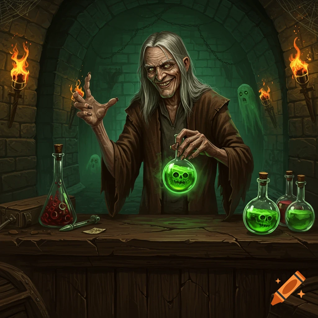 A grinning old alchemist with long grey hair holds a glowing green skull potion in a spooky dungeon with torches and ghosts.