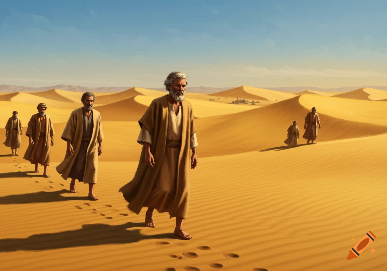Robed men walk across a vast, sunny desert with sand dunes in an illustrative style.
