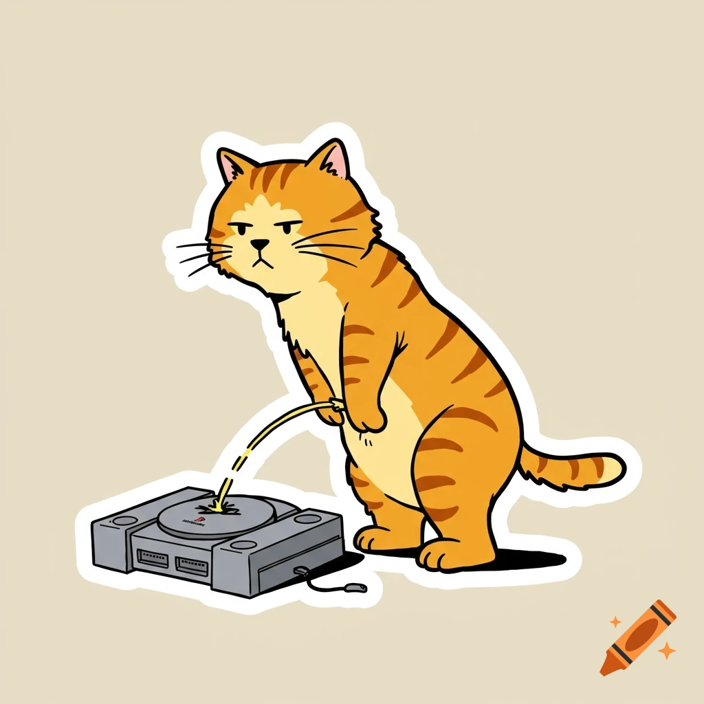 A grumpy orange cartoon cat peeing on a grey PlayStation console, styled like a bumper sticker.