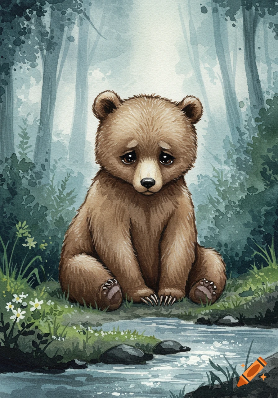 A sad, cute watercolor painting of a bear cub sitting by a stream in a forest.