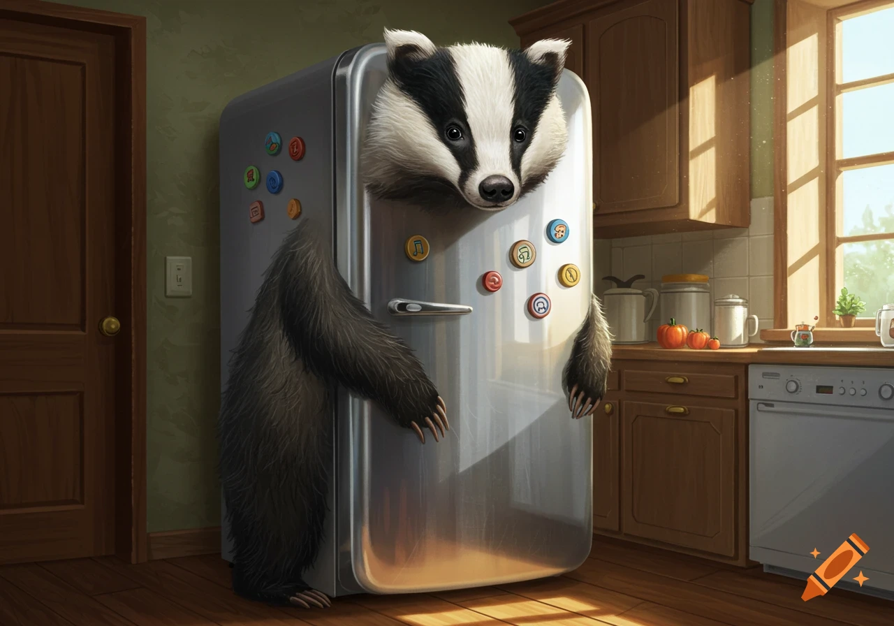 Whimsical illustration of a badger's head and limbs protruding from a silver refrigerator in a sunlit kitchen.