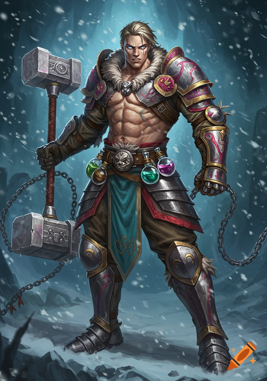 Muscular blond male fantasy warrior in ornate armor with exposed abs, holding a large hammer in a snowy environment.