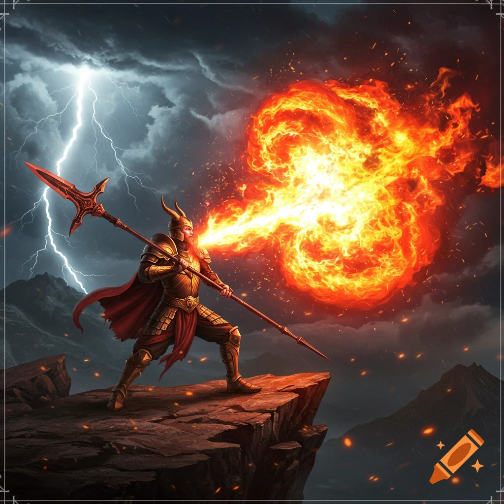 A heavily armored warrior on a cliff edge breathes a massive fireball under a stormy sky with lightning, holding a pike.