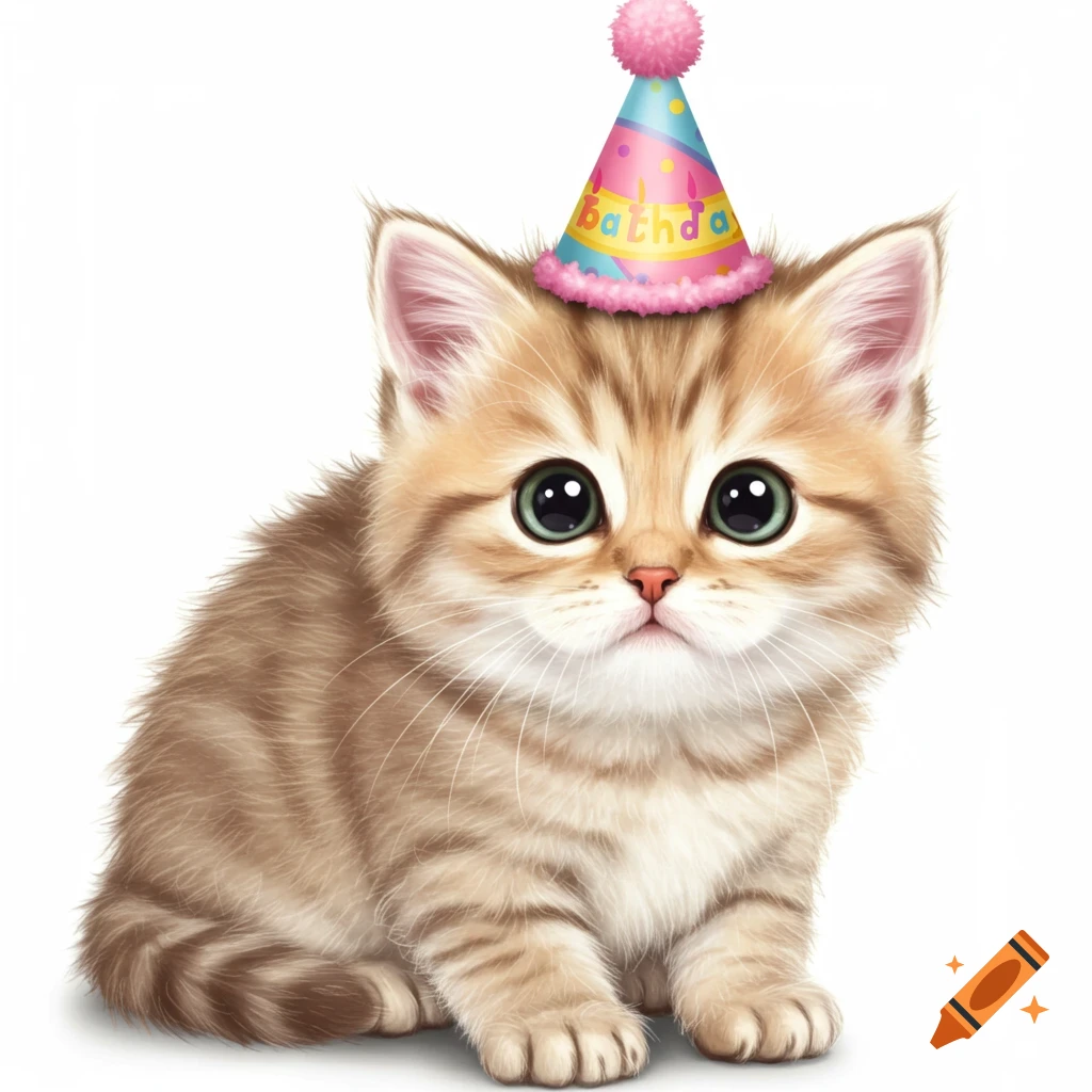 A fluffy, light brown striped kitten with big green eyes wears a colorful birthday hat on a white background.