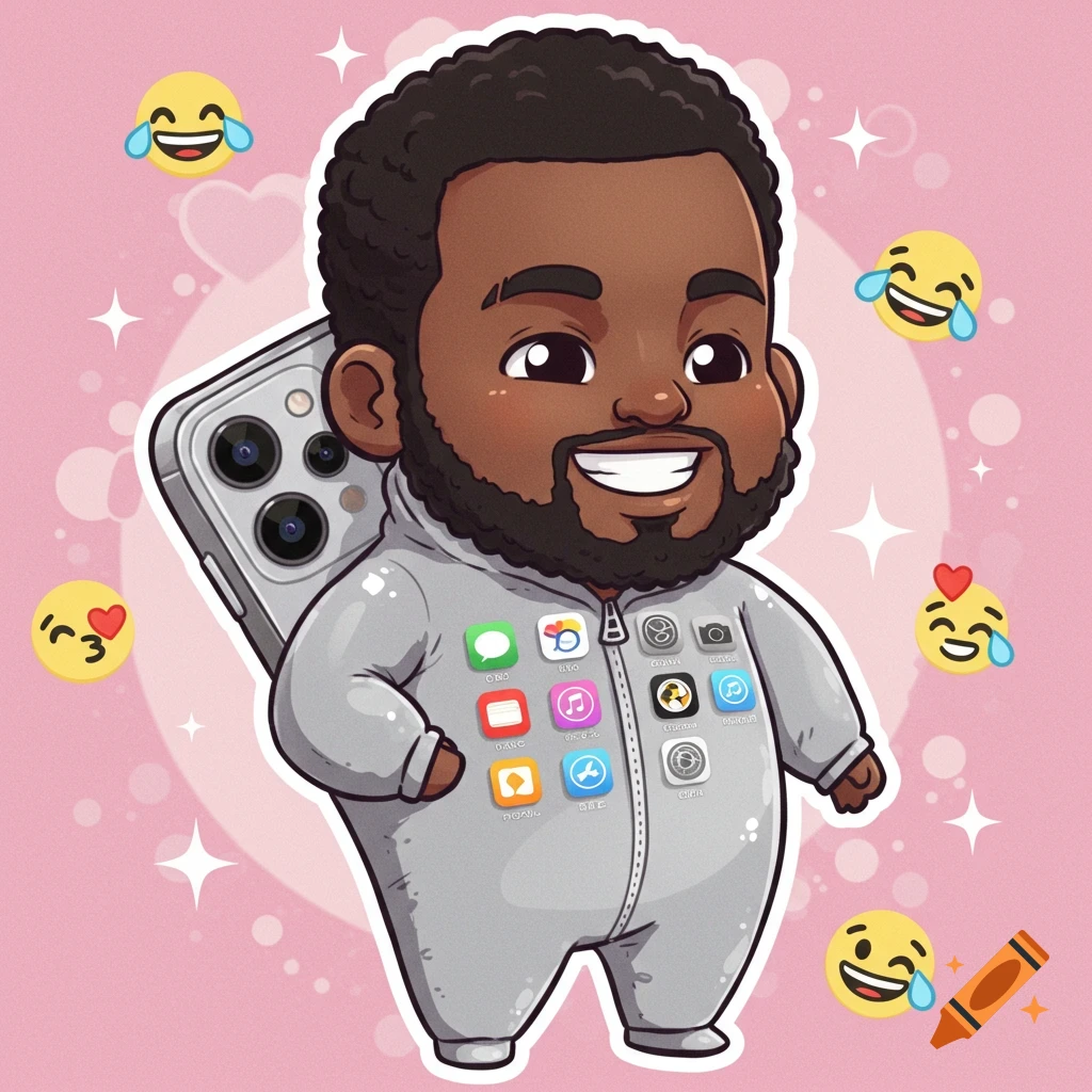 A chibi cartoon of a smiling bearded Black man in a grey iPhone app icon onesie, with an iPhone on his back, on a pink background with emojis.