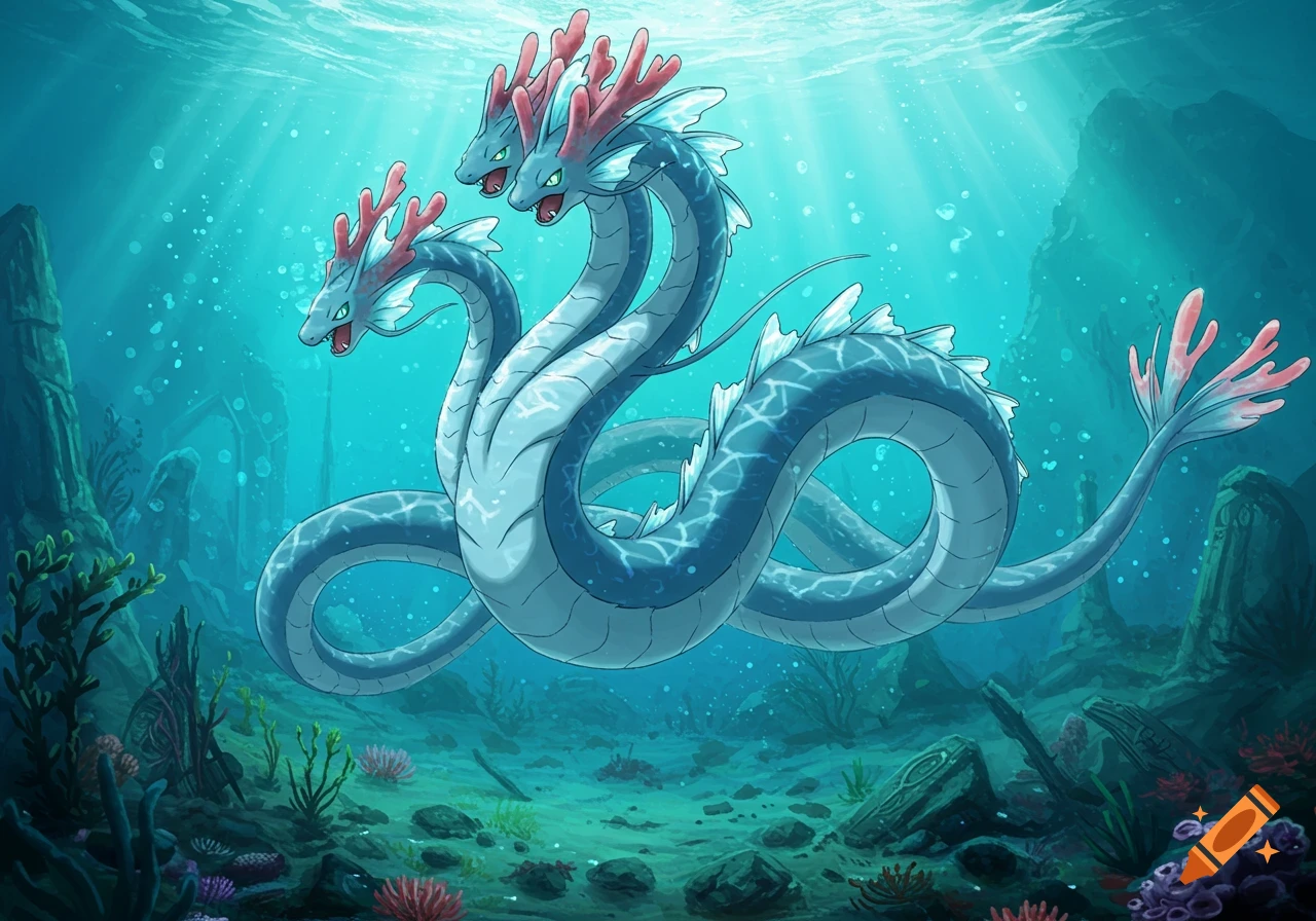 A three-headed blue hydra-like creature with red coral-like horns swims in a vibrant, sunlit underwater scene with coral and rocks.