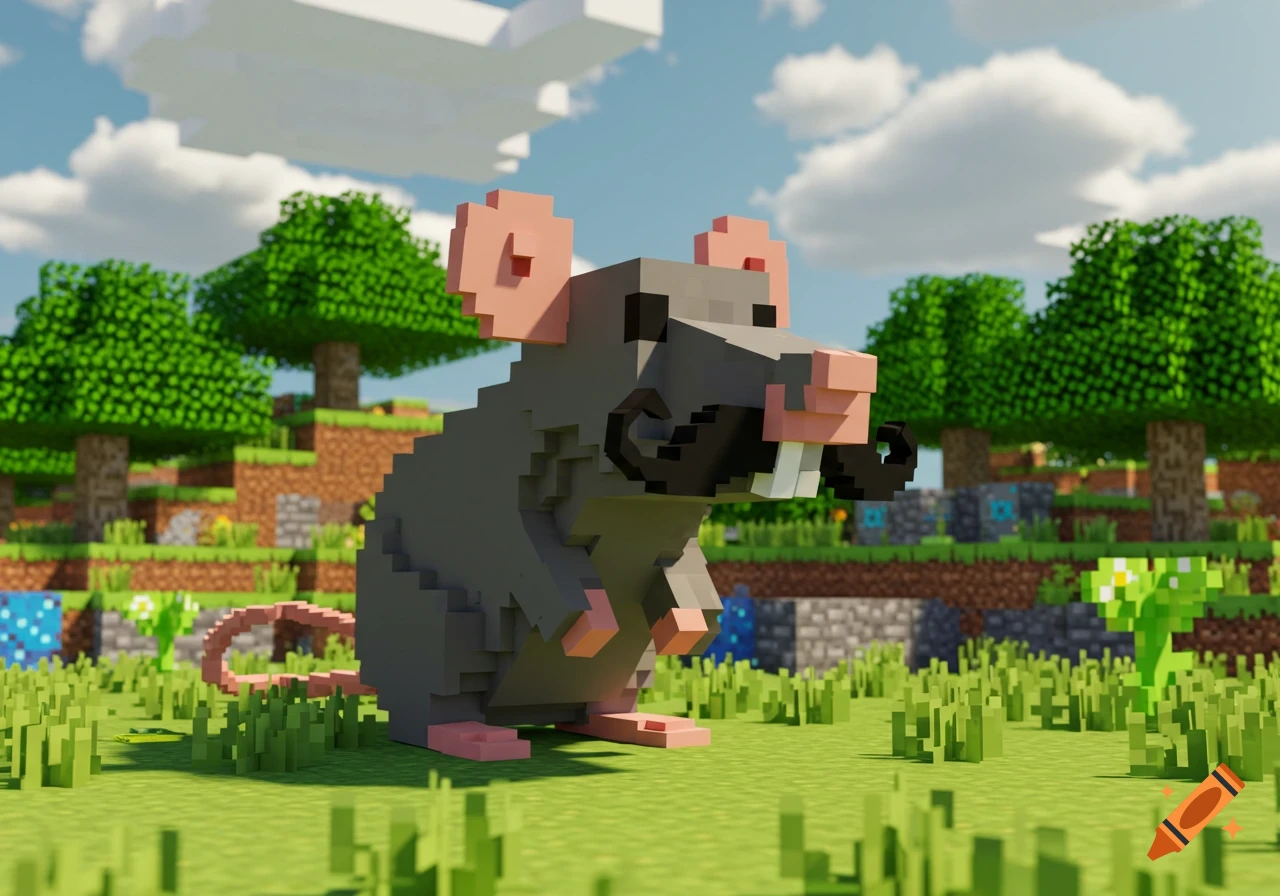 A pixelated gray rat with a black mustache and large front teeth sits in a blocky green field with Minecraft-style trees and clouds.