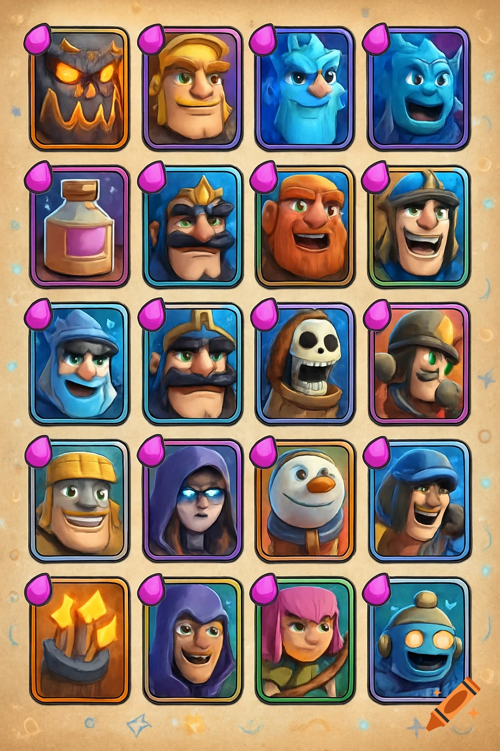 A grid of colorful fantasy game character portraits, featuring various creatures and people in a cartoonish art style.