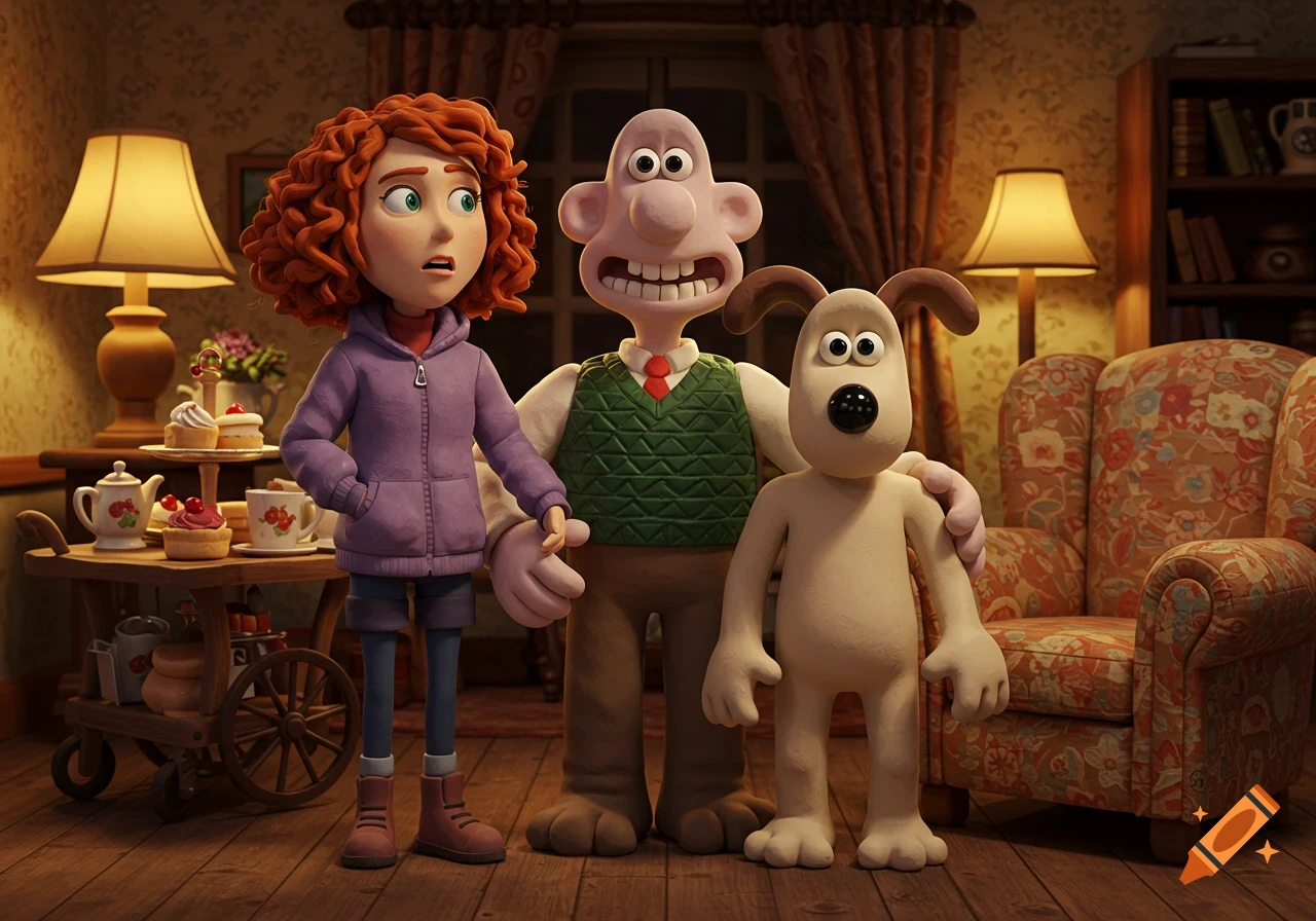 Wallace, Gromit, and a red-haired girl in a cozy living room, Wallace looking surprised, in a claymation style.