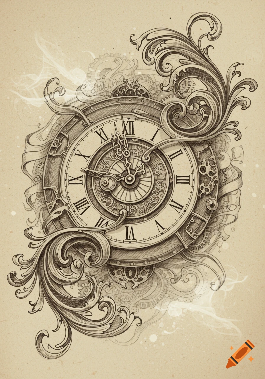 A detailed hand-drawn sketch of an ornate vintage clock face with Roman numerals, intricate filigree, and gears on an aged paper background.