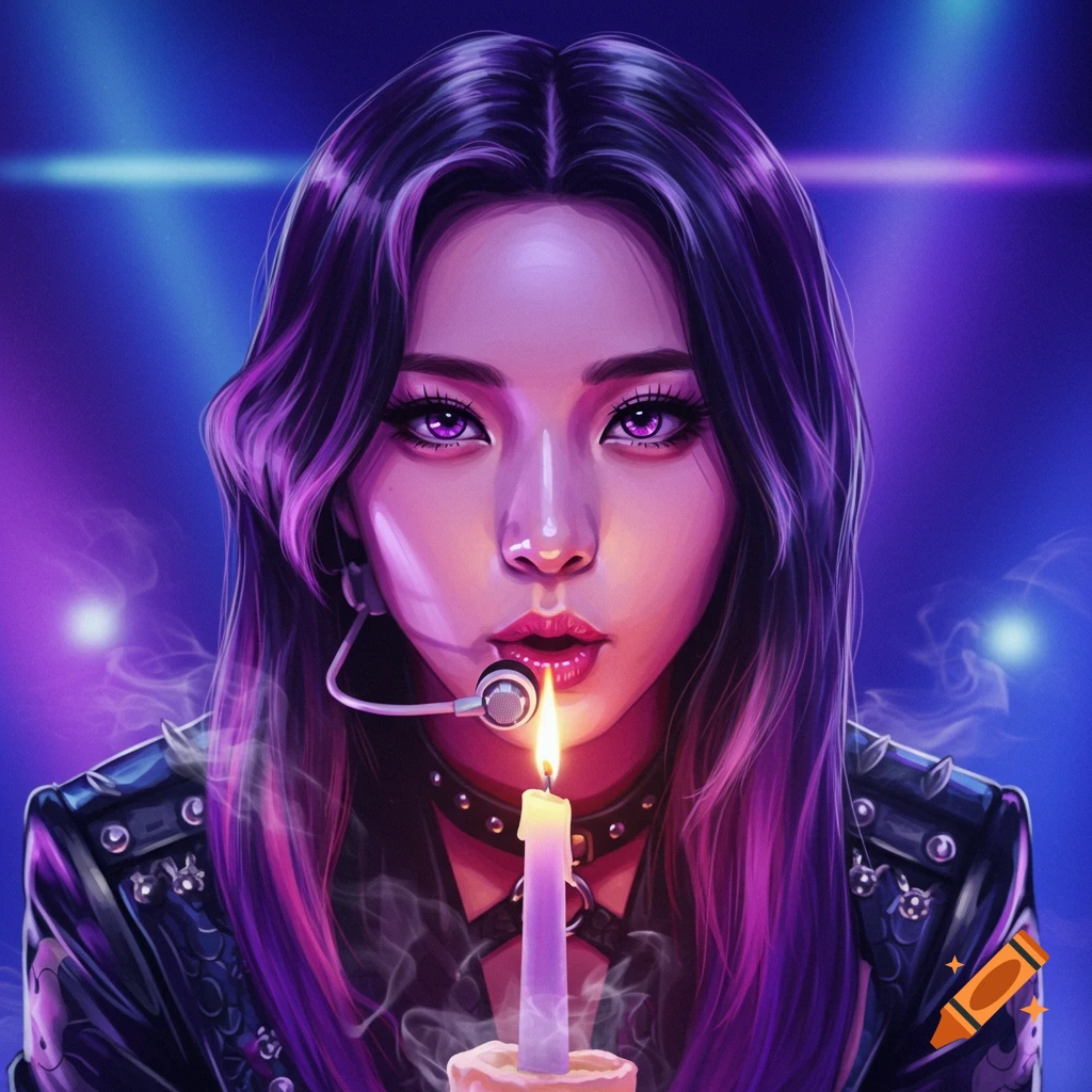Stylized portrait of a purple-haired woman in a leather jacket, blowing a candle with a mic headset, blue and purple background.