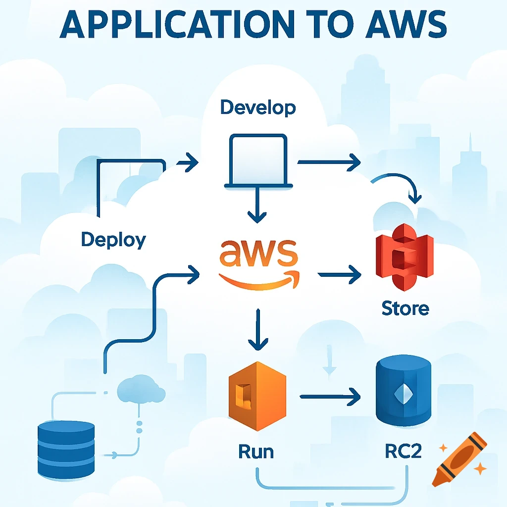 Diagram illustrating an application development and deployment workflow to AWS with steps like Develop, Deploy, Store, and Run.