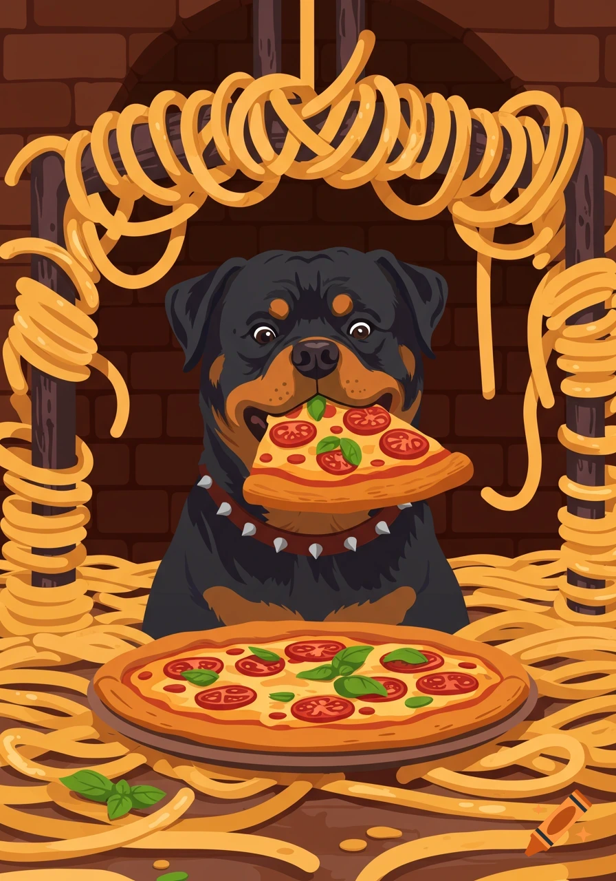 A cartoon Rottweiler dog happily eats a slice of pizza in a dungeon made of spaghetti.