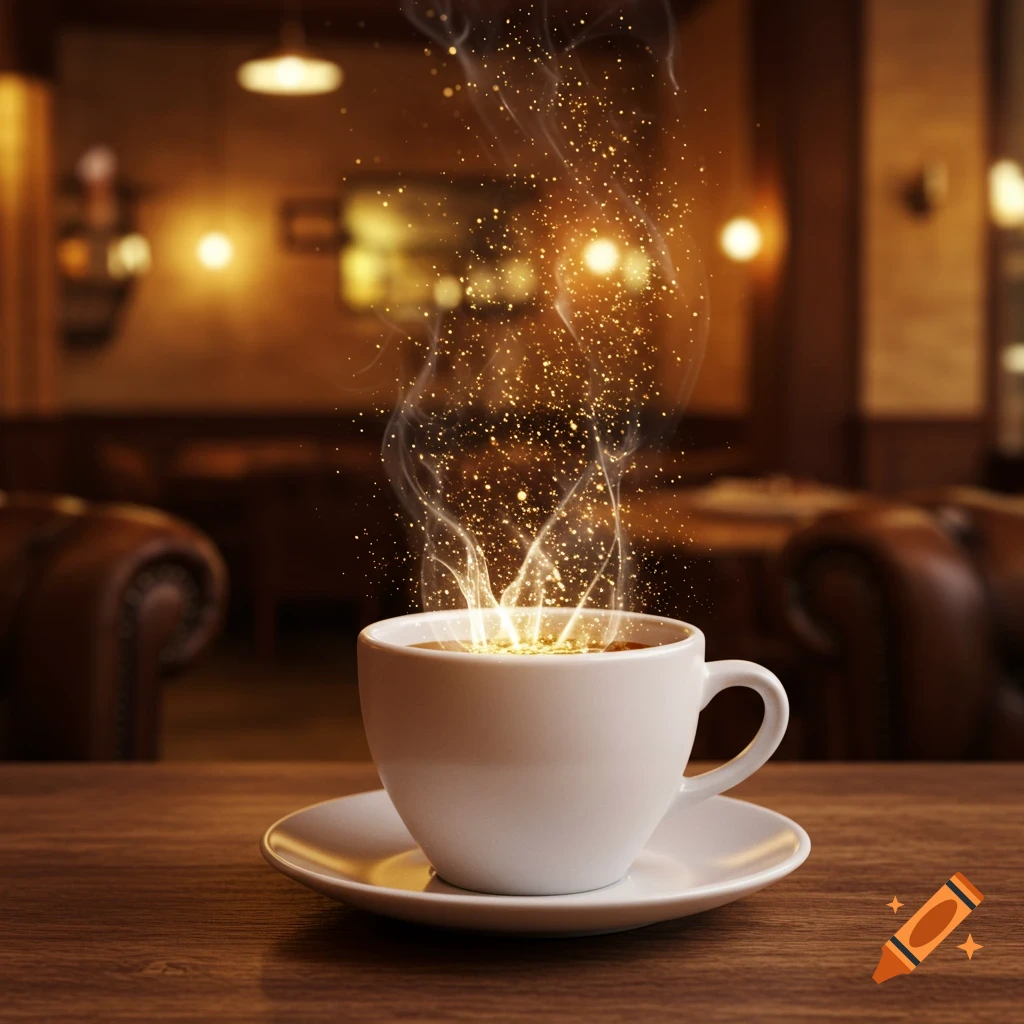 A magical white coffee cup with glowing golden particles and steam on a wooden table in a warm, cozy cafe.