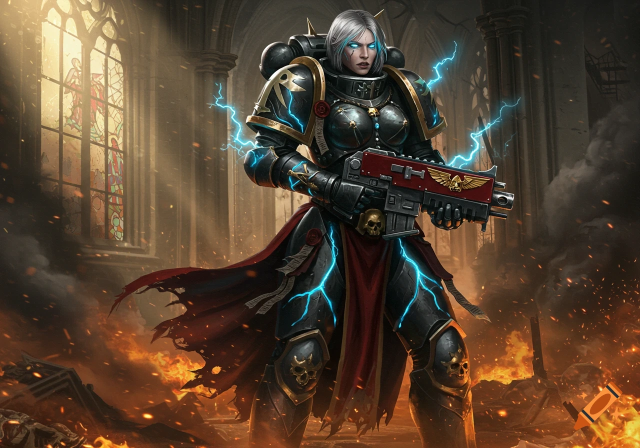 A female warrior in dark futuristic power armor with blue lightning and a red gun stands in a burning, ruined cathedral.