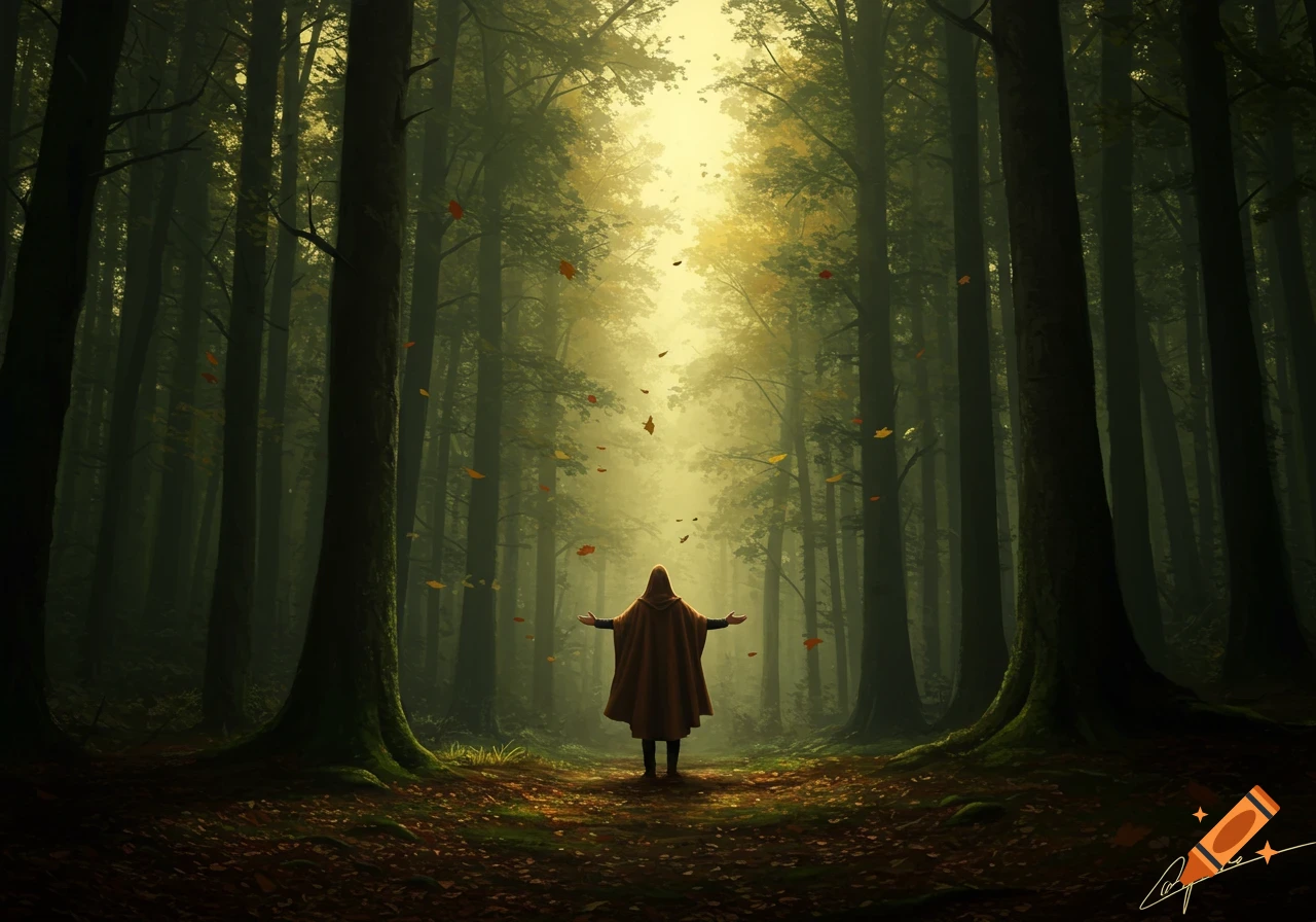 A person in a hooded cloak stands in a sunlit, misty forest with arms outstretched as autumn leaves fall.