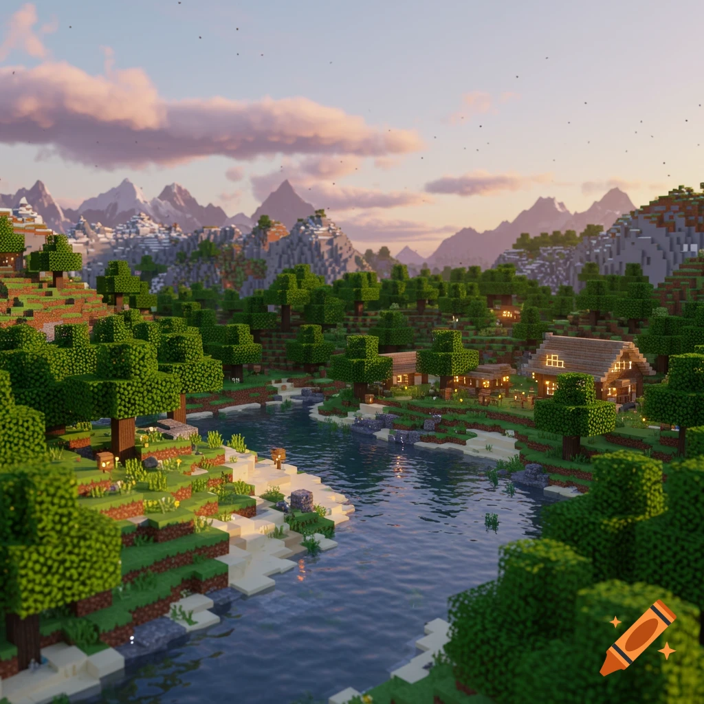 A realistic Minecraft landscape featuring a winding river, lush blocky trees, village houses, and distant mountains at sunset.