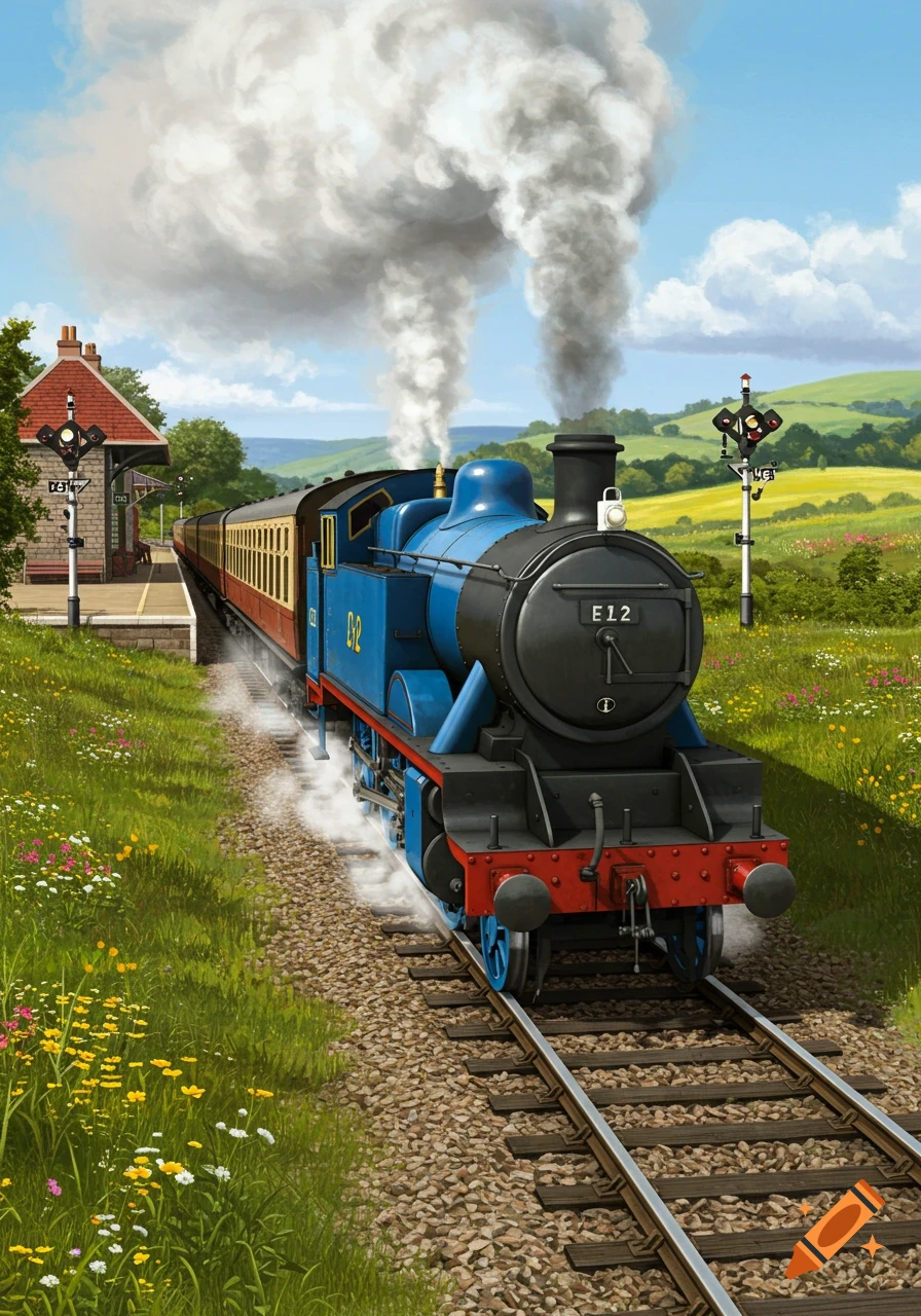 An illustrated blue steam train with red trim chugs past a countryside station through green fields with wildflowers under a blue sky.
