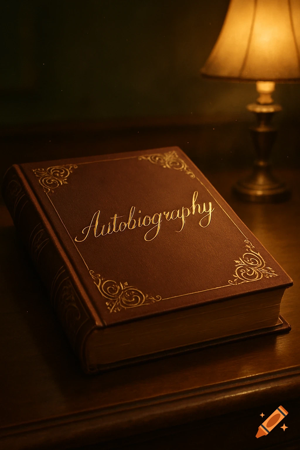 A brown leather-bound book titled 'Autobiography' with gold script and decorative corners, on a wooden table illuminated by a warm lamp in a dark room.