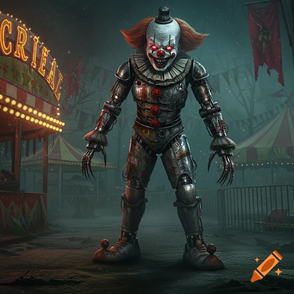 A creepy robot clown with red eyes, orange hair, and a metallic body stands in a dark, foggy carnival at night with glowing signs and tents.