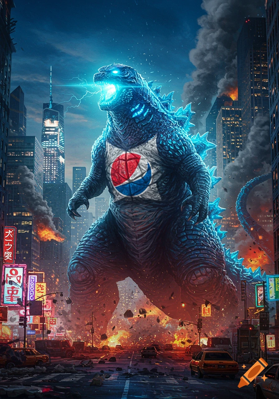 Giant Godzilla with a Pepsi logo on its chest glows blue, destroying a city skyline at night with atomic breath.
