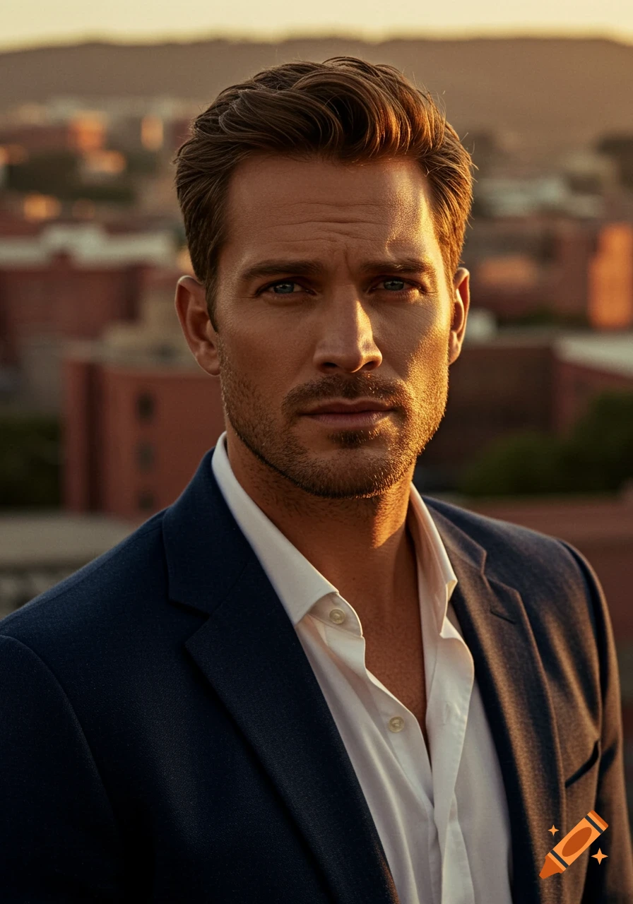 Photorealistic portrait of a handsome man in a navy suit and white shirt against a blurred city skyline at sunset.