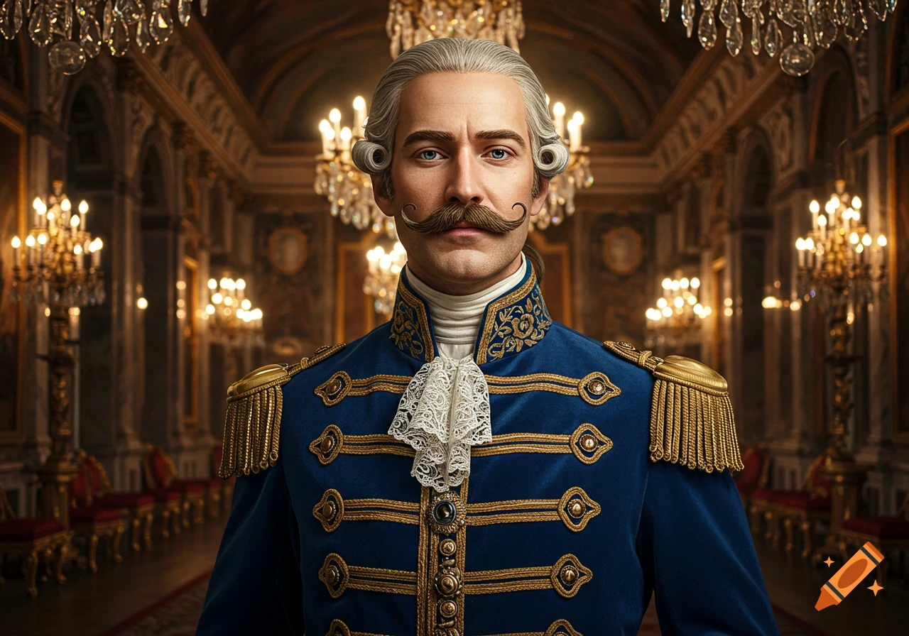 A man with a powdered wig and a handlebar mustache wears a blue and gold regal uniform in a grand, chandelier-lit hall.
