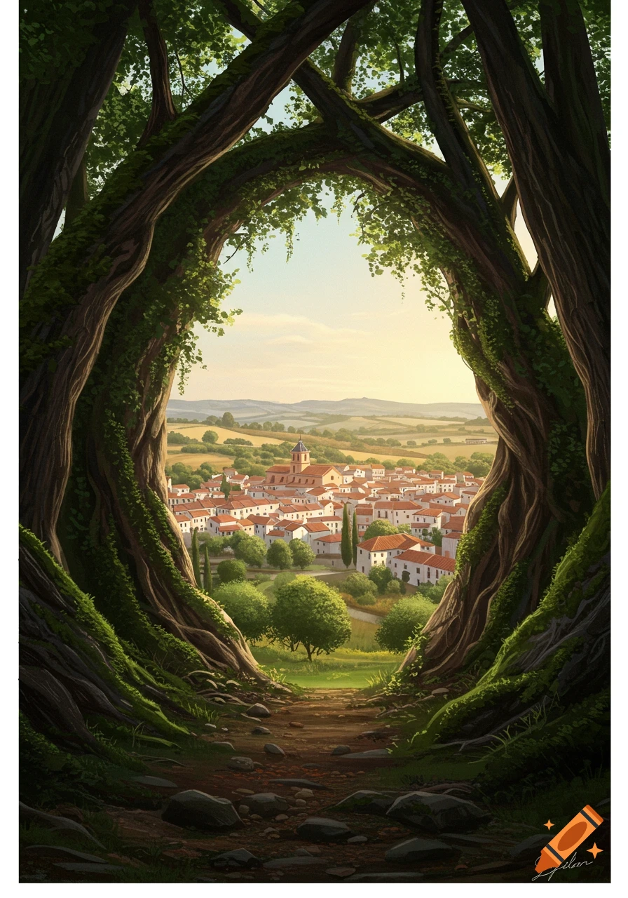 A vibrant illustration of a Spanish town nestled in a valley, seen through an archway of ancient, moss-covered trees.