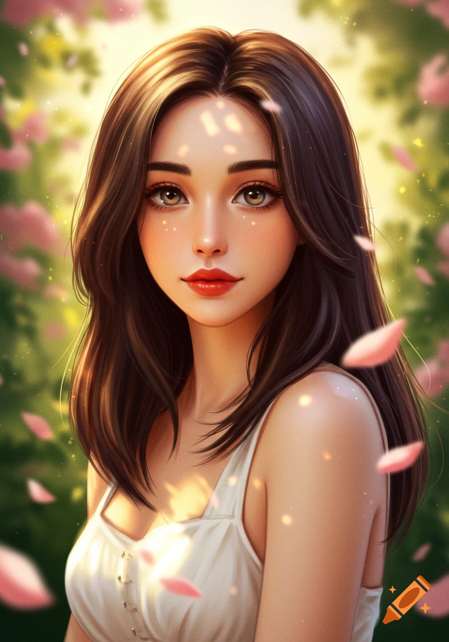 Stylized digital art portrait of a beautiful girl with long dark hair, red lips, and large brown eyes, in a sunny garden with falling pink petals.