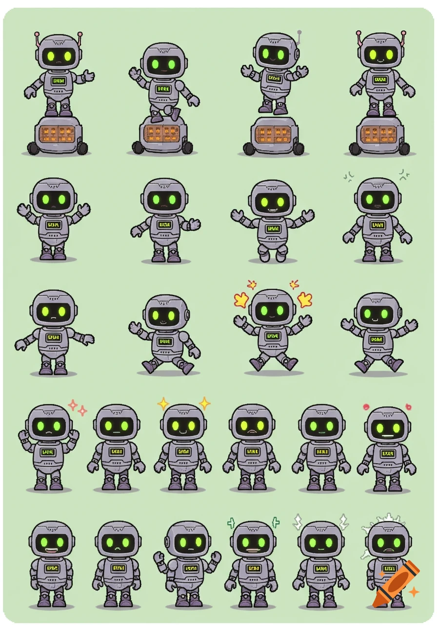 A grid of cute cartoon grey robots with glowing green eyes and various poses against a light green background, resembling a sprite sheet.