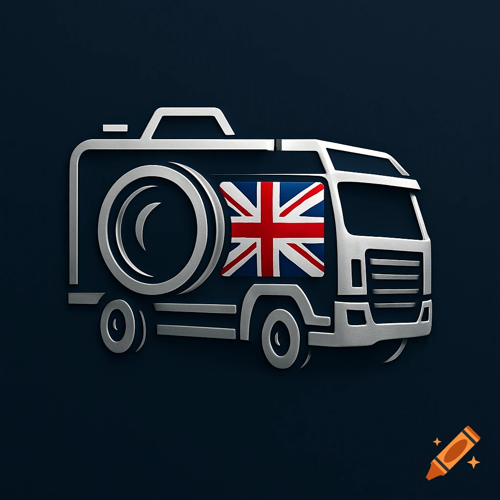 Sleek silver logo of a camera and truck hybrid with a Union Jack flag on a navy background.