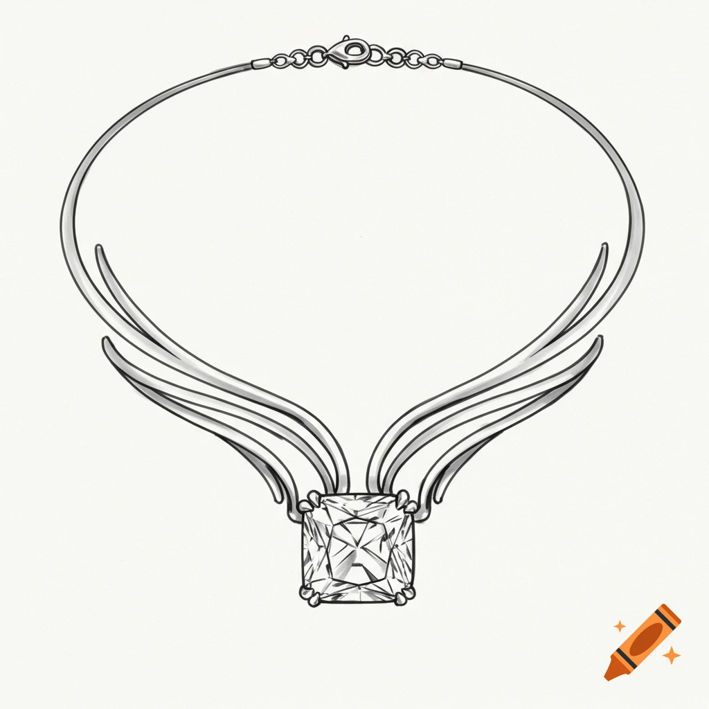 A line drawing of a silver necklace with a large square jewel pendant.