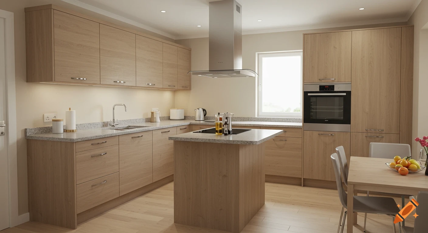 A modern kitchen with light wood cabinets, granite countertops, a central island with a stovetop, and a dining table.