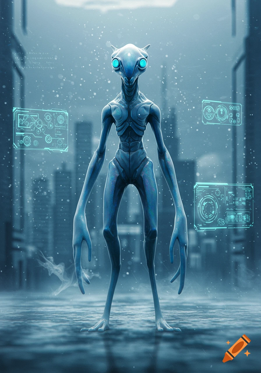 A blue-skinned alien creature with large glowing eyes stands in a futuristic city surrounded by holographic interfaces.
