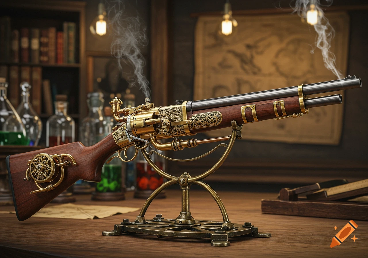 A highly detailed steampunk hunting rifle on an ornate brass stand, with smoke, in an old-fashioned study.
