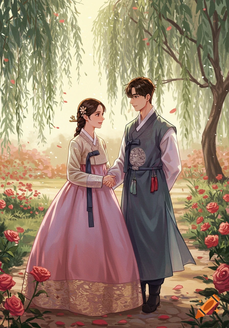 Illustrated Korean couple in traditional hanbok holding hands in a romantic garden with willow trees and roses.